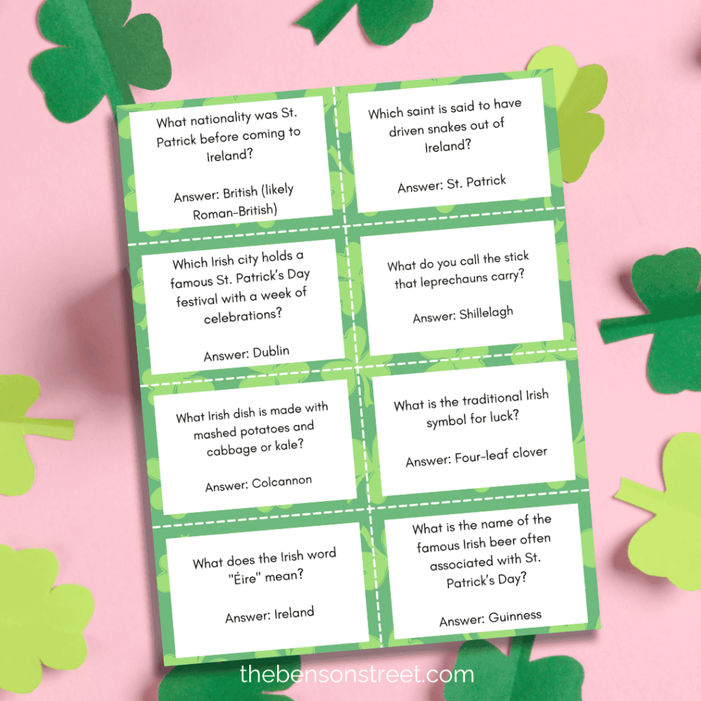Printable Cards with St. Patrick's Day trivia to print and cut