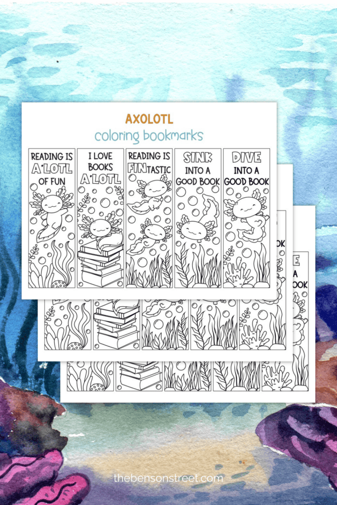 Set of 5 free printable bookmarks to color with axolotls