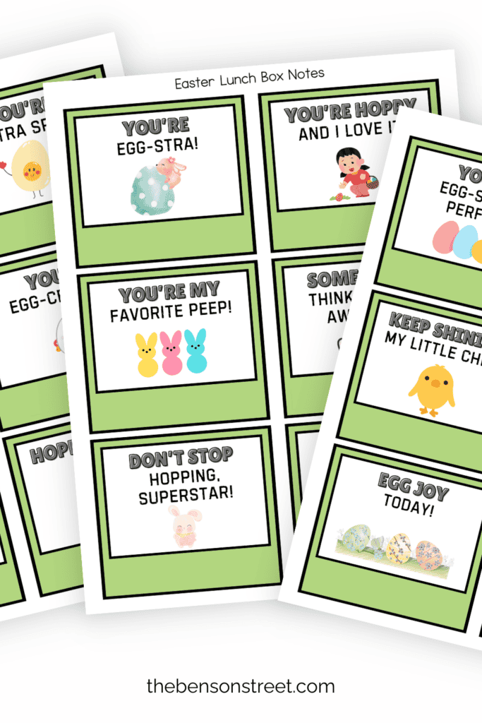 Three sheets of Easter Lunch Box Notes fanned out on top of each other