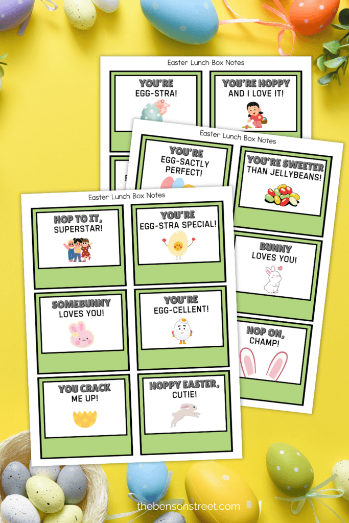 Three sheets of printable Easter Lunch Box Notes free to print