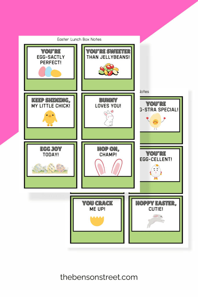 Two pages of Easter Lunch Box Notes for kids laying on top of each other