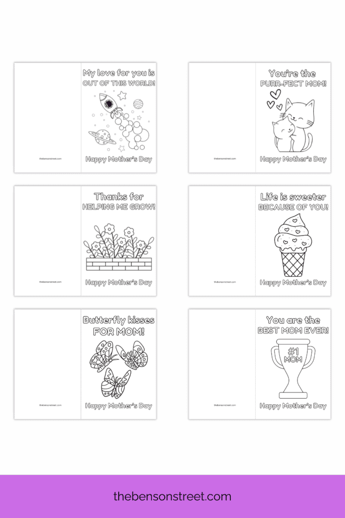 6 Different black and white Mother's Day Cards to color