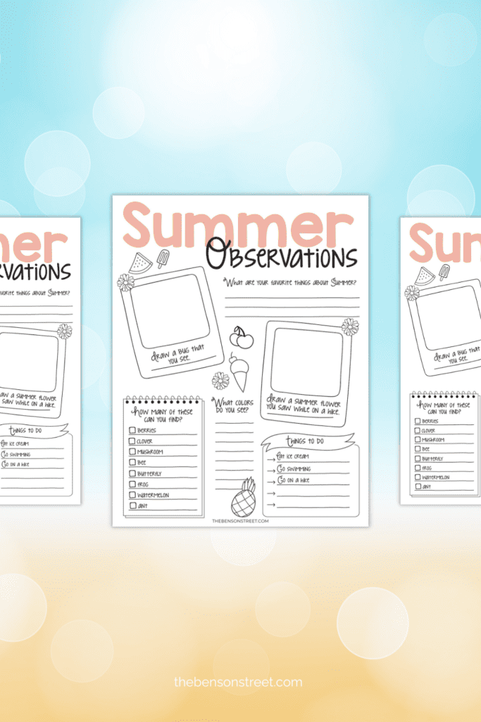 A worksheet for kids to write down what they see and find during summer with a free printable