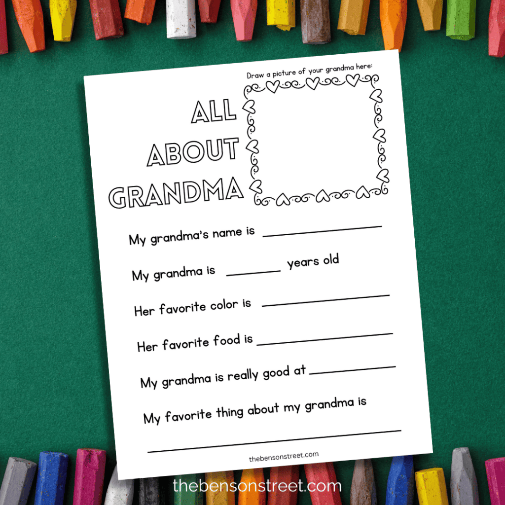All about Grandma Page with crayons around it