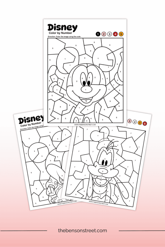 Black and white color by number sheets with a color key