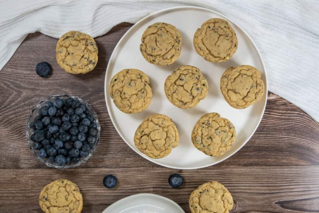 Blueberry Protein Muffins on a plate shot from above