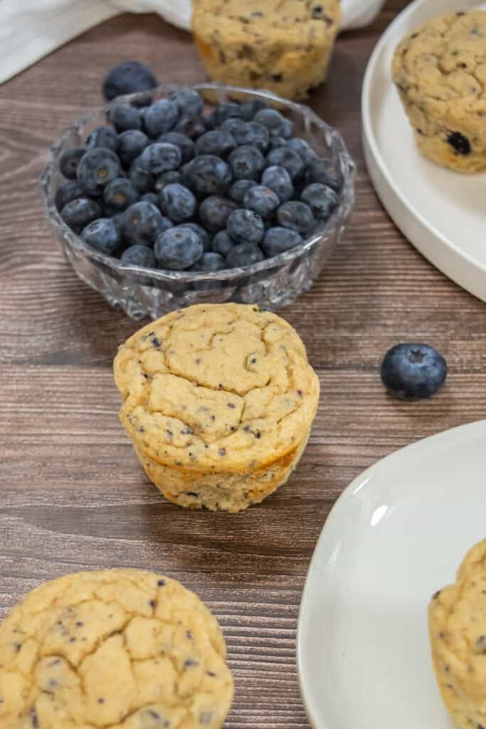 Blueberry protein muffins with a bowl of blueberries in the background
