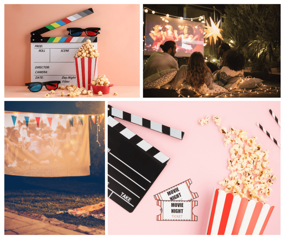 Collage of popcorn and movie night ideas for Cinco de Mayo