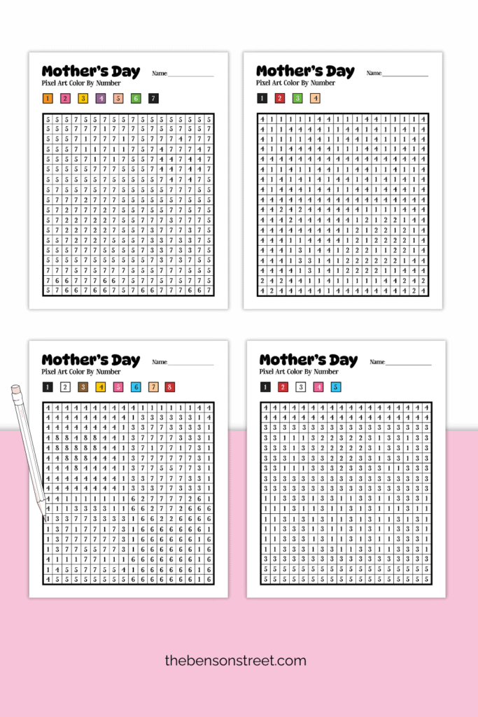 Color by number pixel art pages with a Mother's Day themes
