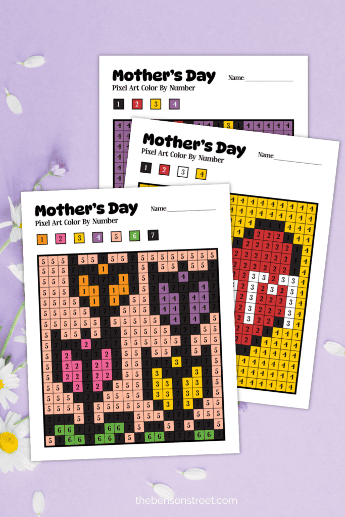 Color in the numbers following the color key with these Mother's Day themed pixel art sheets 