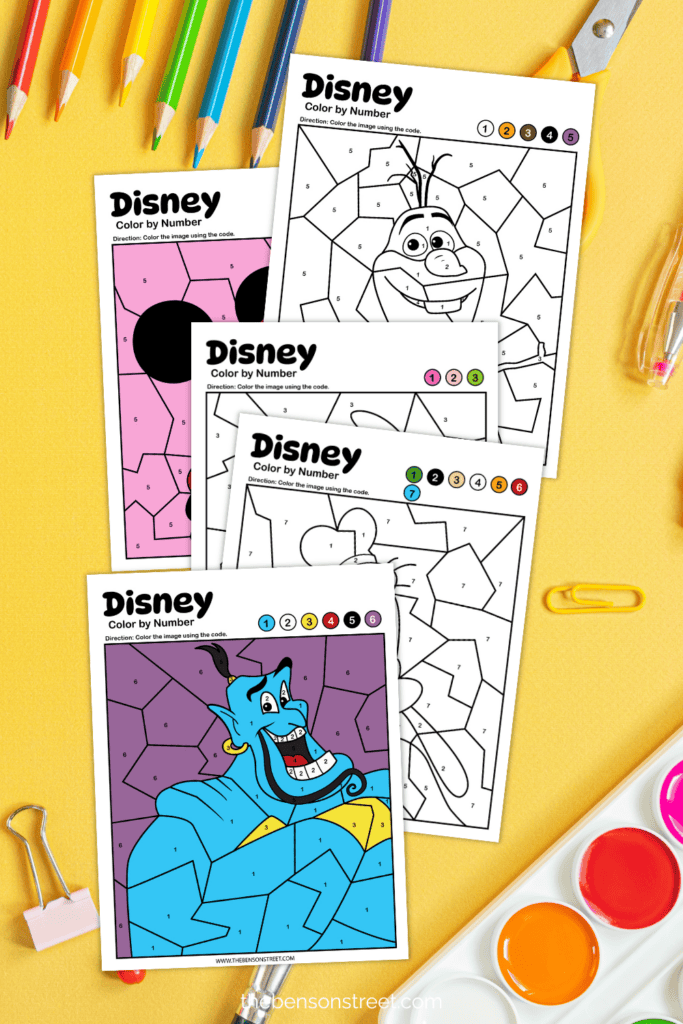 Color in the numbers with the color key for these Disney Character inspired color by number worksheets free printable