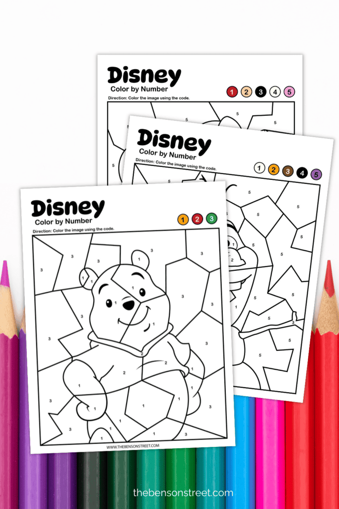 Color in the numbers with the color key for these free printable Disney Character inspired color by number worksheets free printable