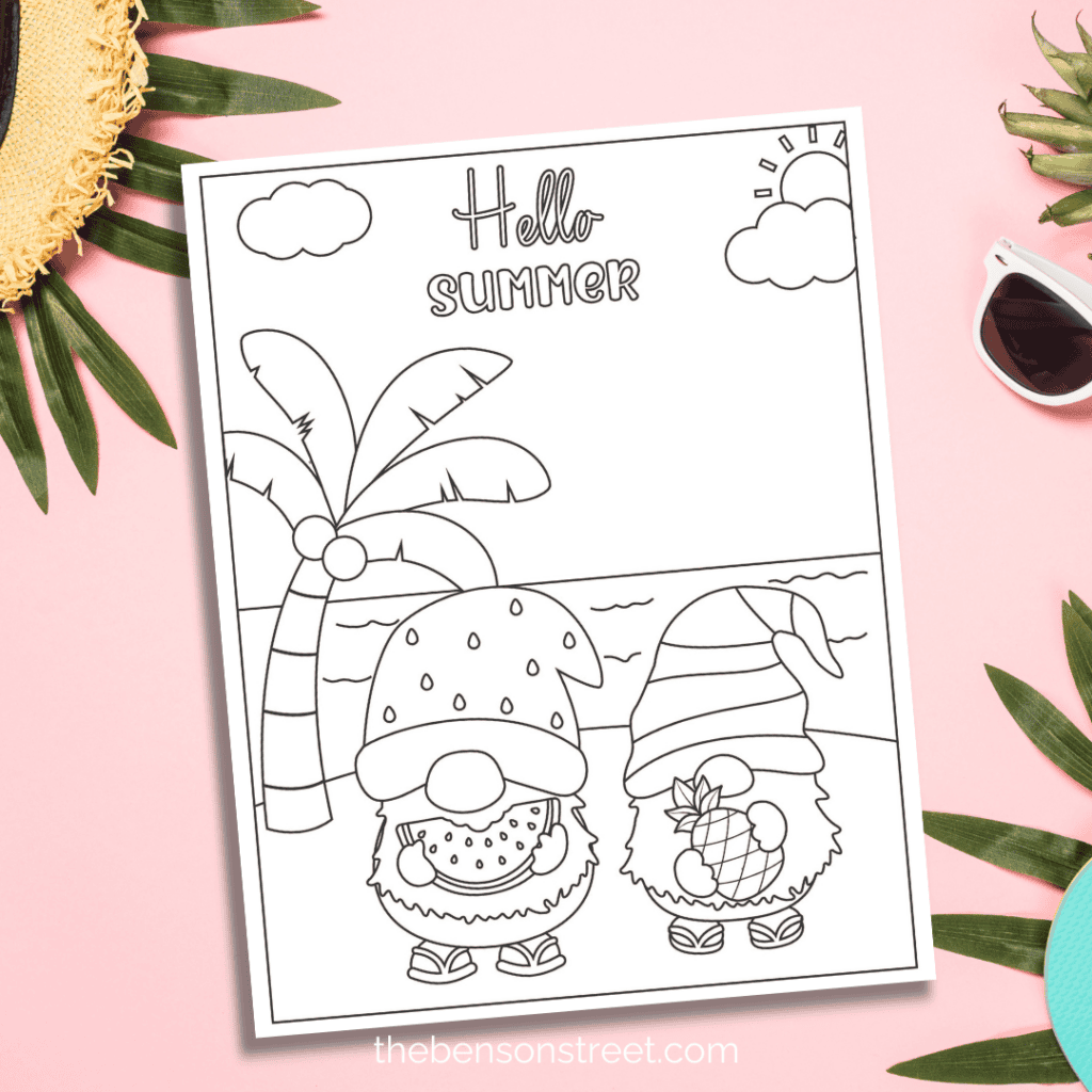 Cute summer gnome coloring page with two gnomes at the beach. Get the printable