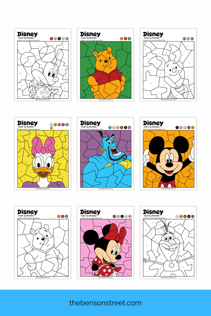 Disney Color by Number Pages with different characters to print for free