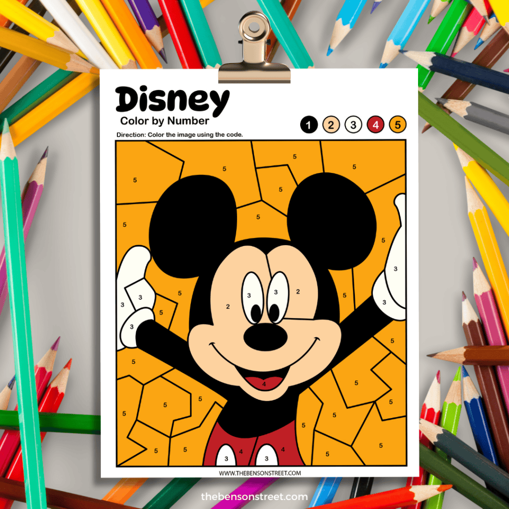 Disney Inspired Color by Number Sheets featuring Mickey Mouse and more