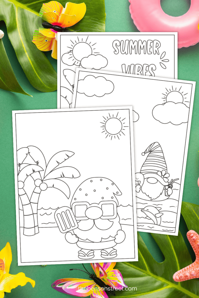 Festive Summer Printable gnome coloring pages freebie with ten pages