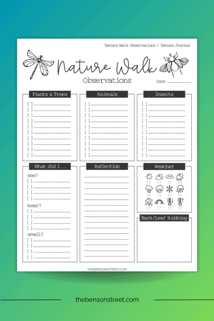 Free Printable Nature Walk Observations Printable Worksheet Page with places to draw write and color