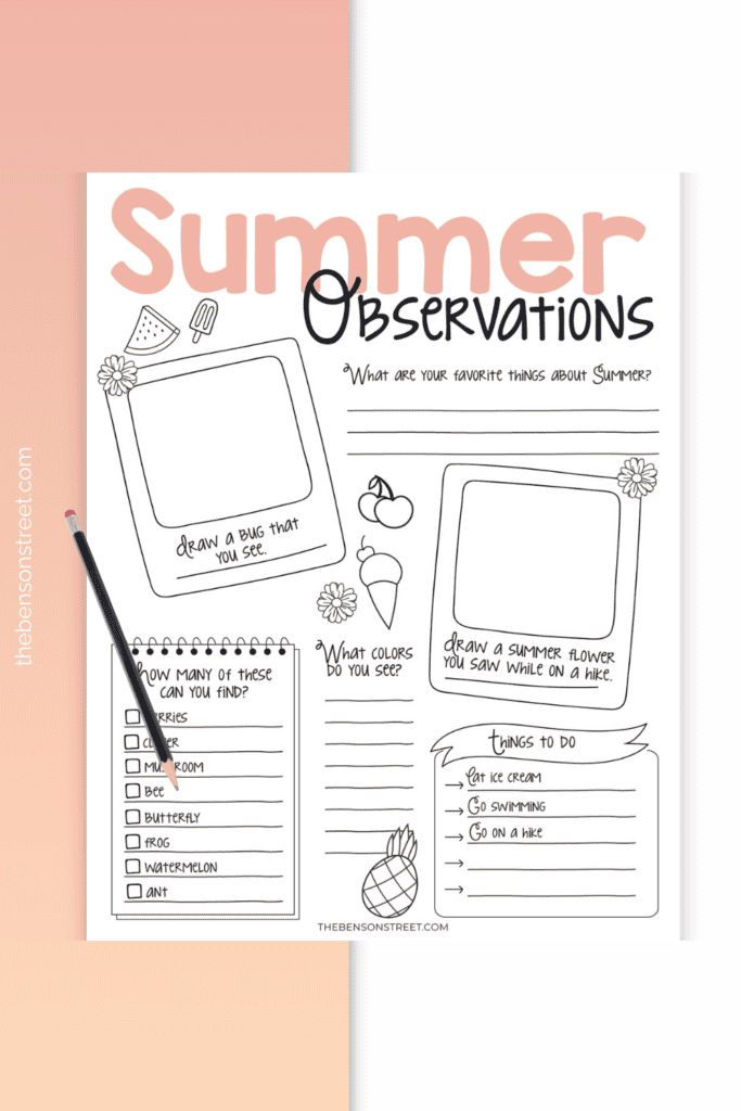 Free Printable Summer Observations Printable Worksheet Page with places to draw write and color