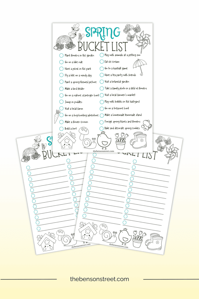 Free Printable Two styles of spring bucket lists for kids to print and complete