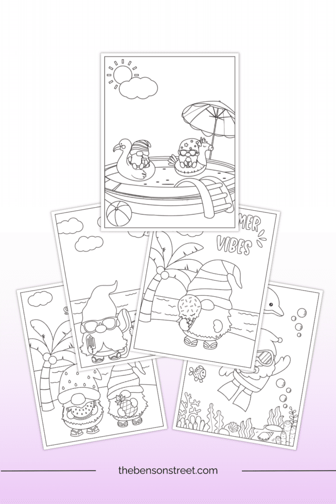 Free digital download pdf file of coloring pages of summer gnomes to print