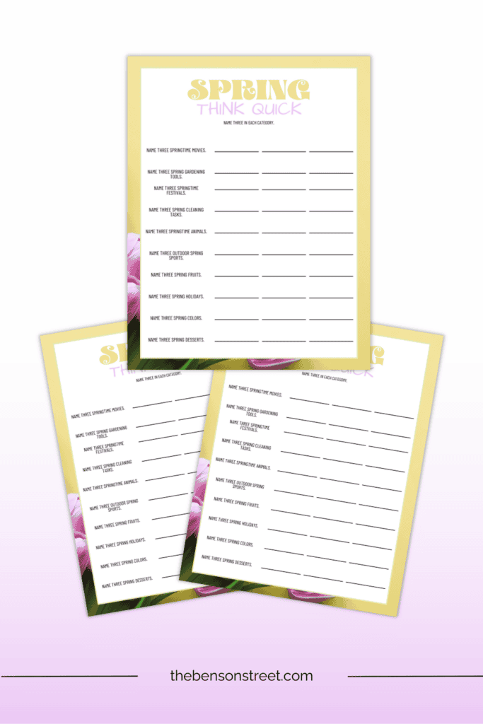 Free printable Game of Spring Think Quick Name three in each category