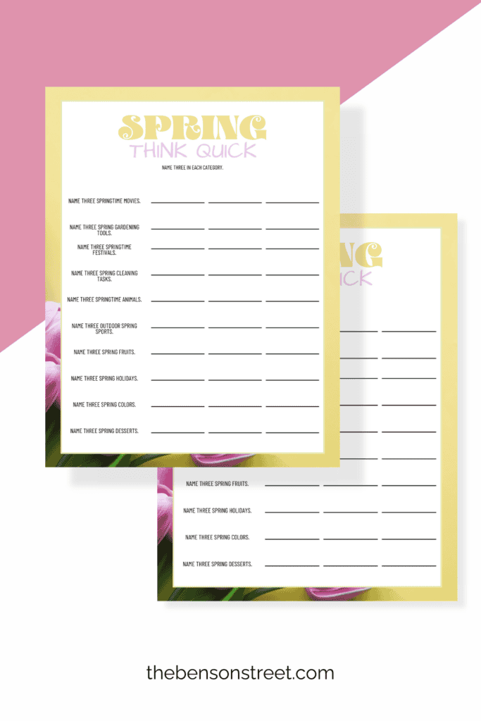 Free to print Spring think quick name three game 