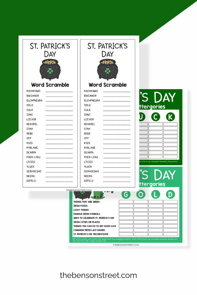 Free word scramble and scattergories games for Saint Patrick's Day Games
