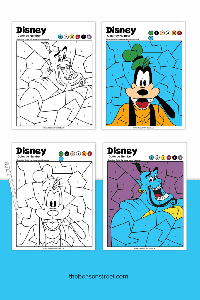 Genie and Goofy Color by Number pages black and white and filled in with colors