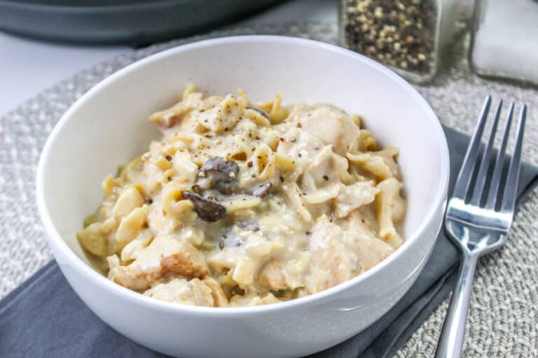 Up close shot of a bowl of chicken stroganoff made in a pressure cooker