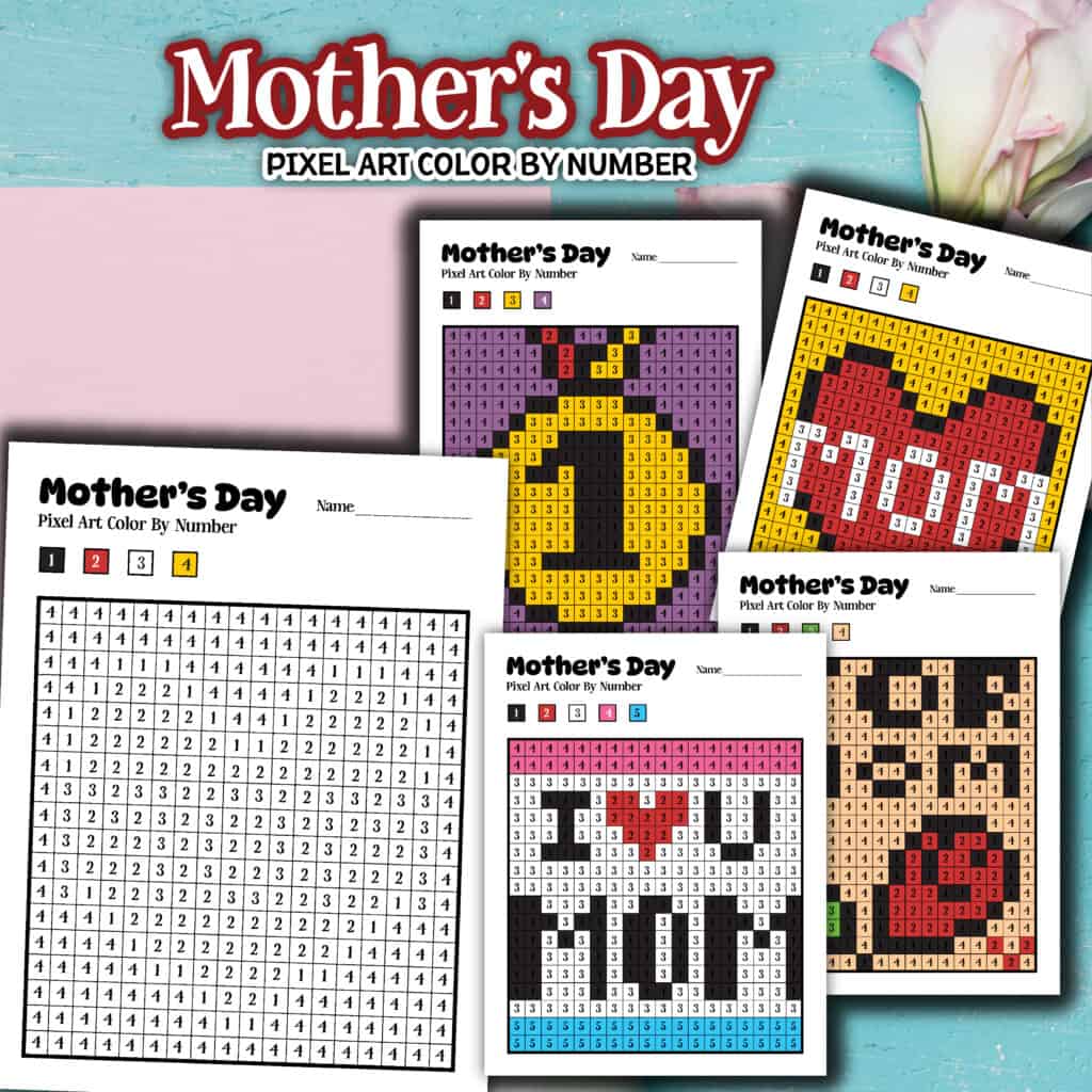 Flat lay mockup of a free printable set of Mother's Day pixel art color by number pages