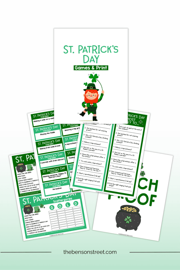 Printed pages from a set of fun games for st. patrick's day to print
