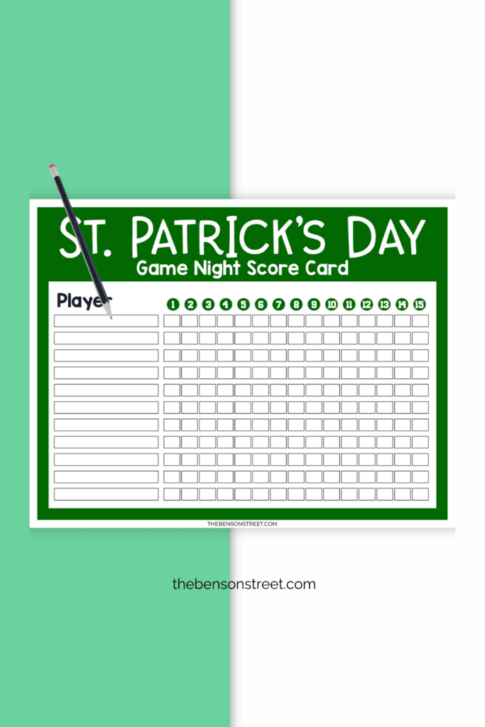Scorecard for a St. Patrick's Day Game Night with printable games at thebensonstreet.com