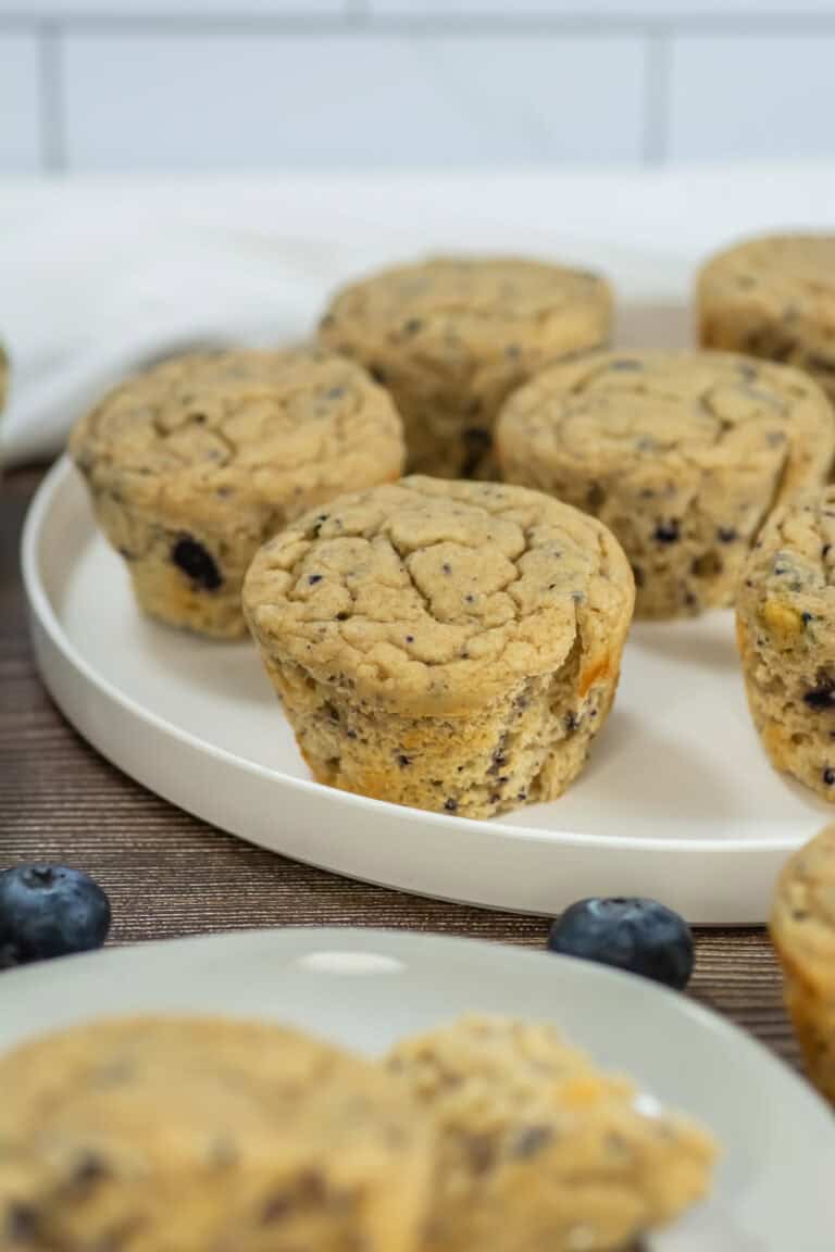 Side view of blueberry 3 ingredient protein muffins