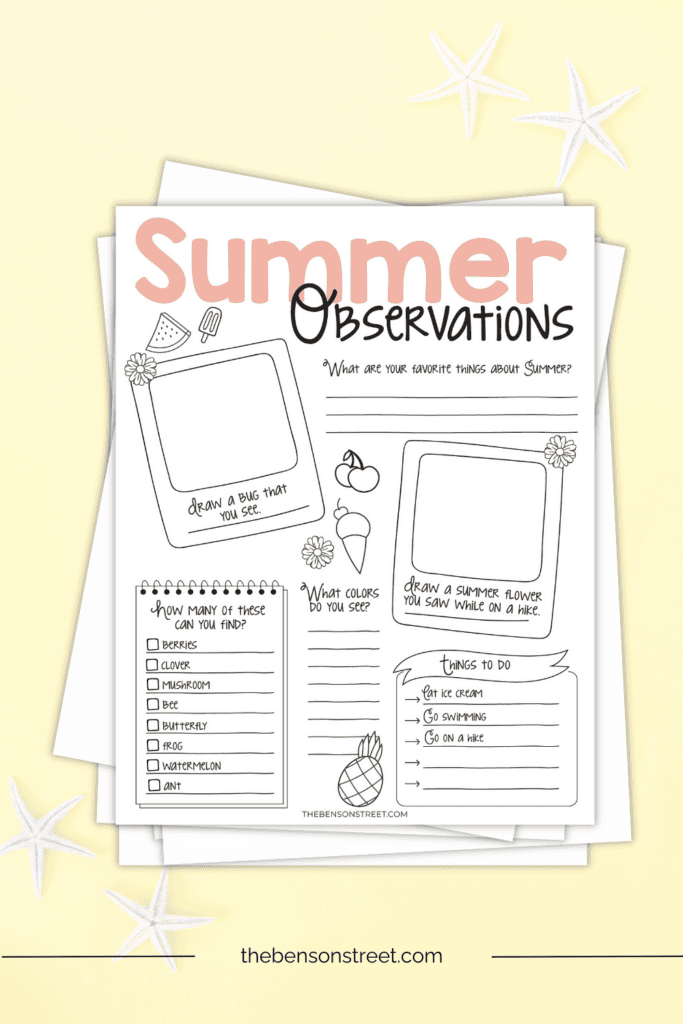 Simple to print summer fun activity for kids to observe things around them during summer