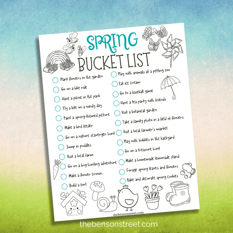 Spring Bucket List for Kids with coloring elements