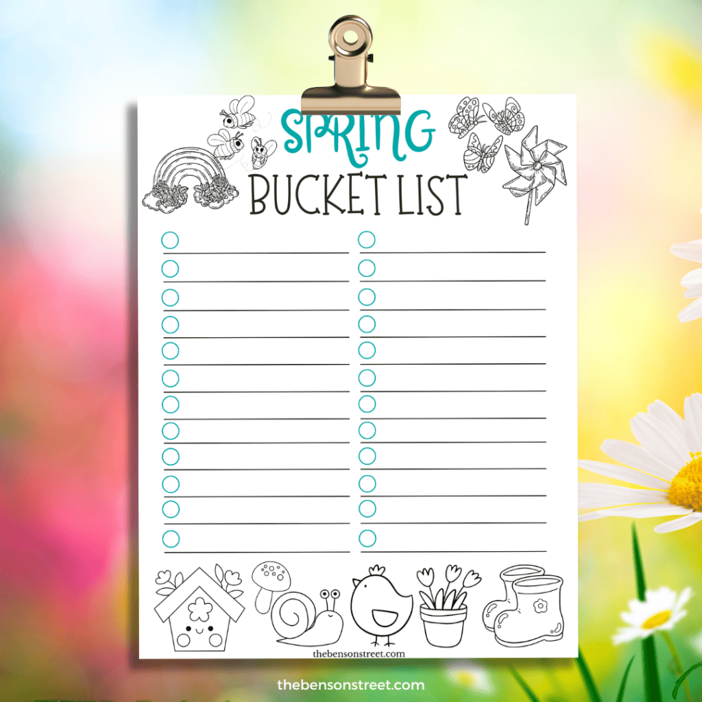 Spring Bucket List for you to fill in bucket list ideas and color the images