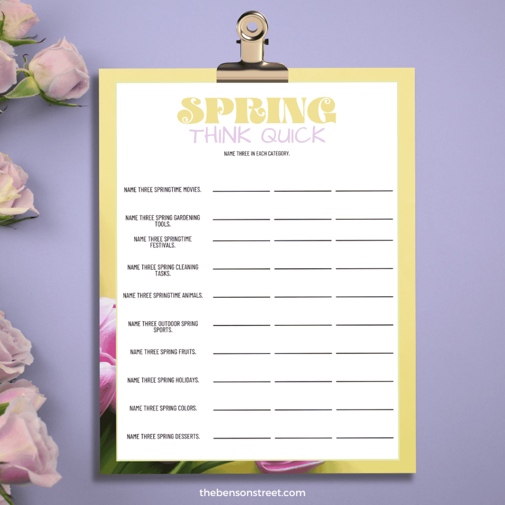 Spring Think Quick Free Printable fast thinking game