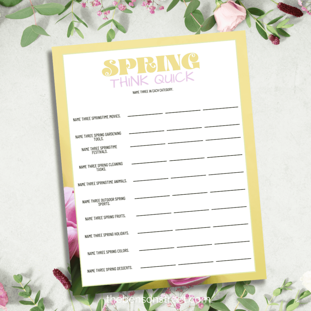 Spring Think Quick Printable Game Sheet