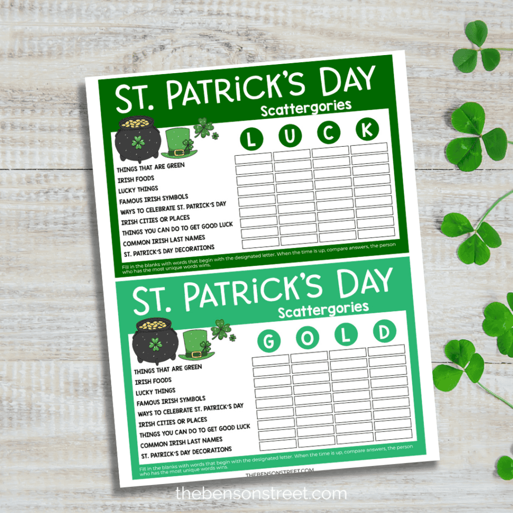 St. Patrick's Day Scattergories printable game page