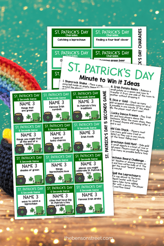 Stack of printed pages in a Bundle of St. Patrick's Day Games free to print