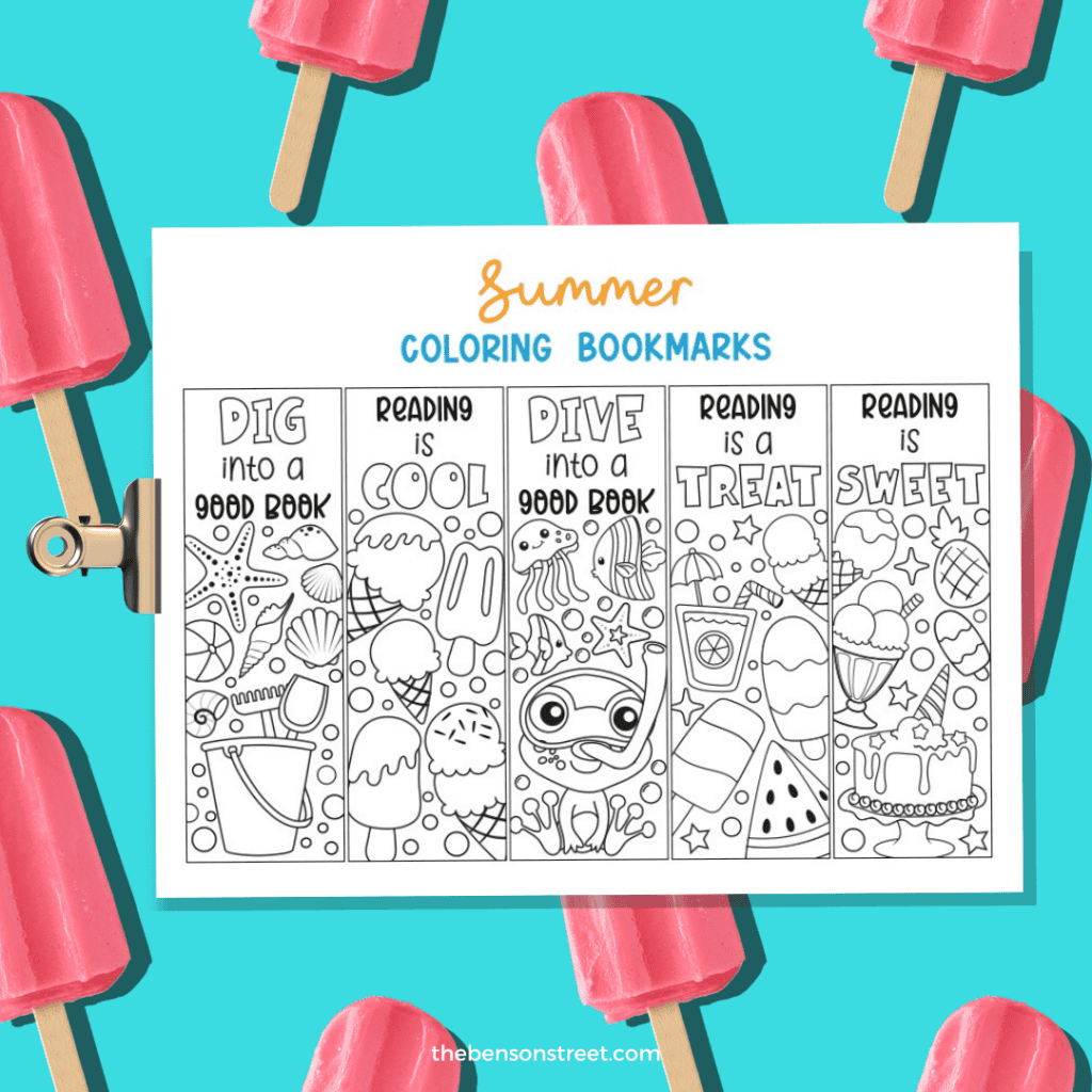 Summer Coloring Bookmarks on a clipboard ready to color in