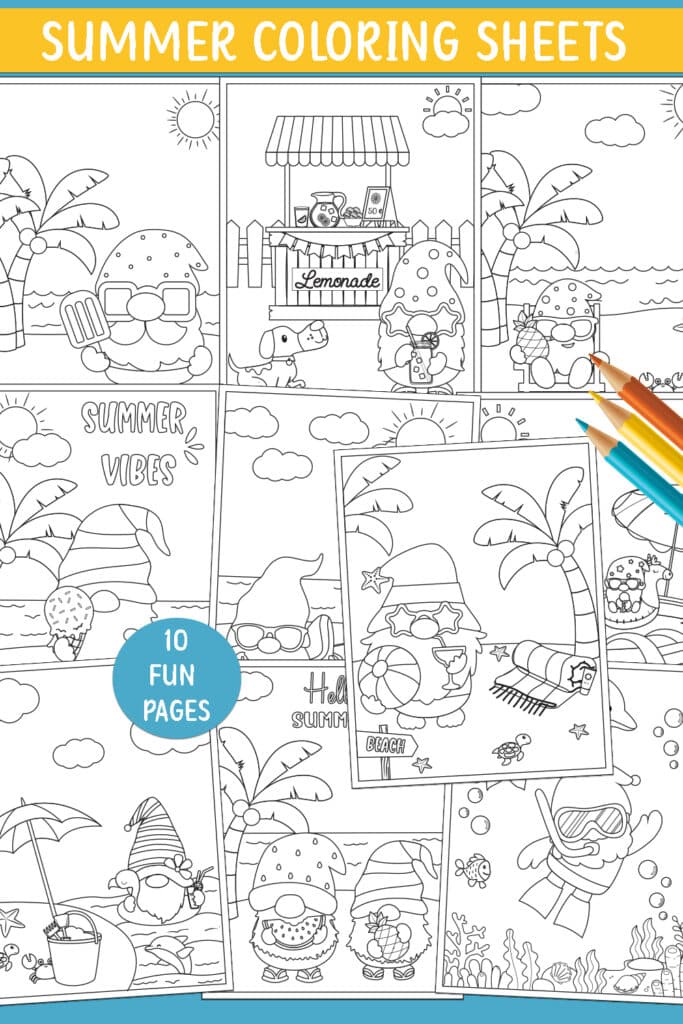 Summer coloring pages with gnomes free printable flat lay with different designs