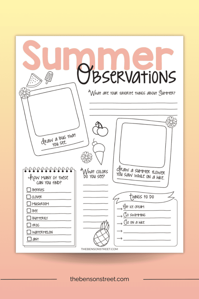 Summer Observations Printable Worksheet Page with places to draw write and color