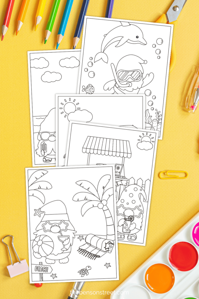 Summer Printable gnome coloring pages freebie with ten pages