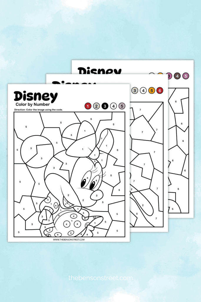 Three Disney Color by Number pages stacked on top of each other