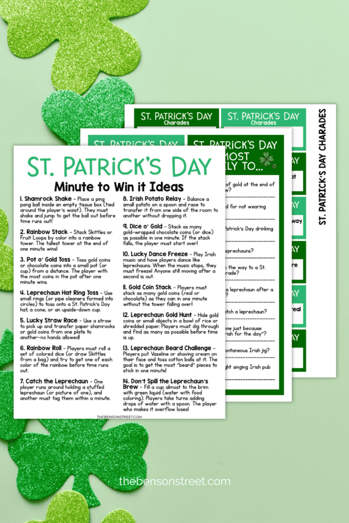 Three free printable games for St. Patrick's Day in a stack