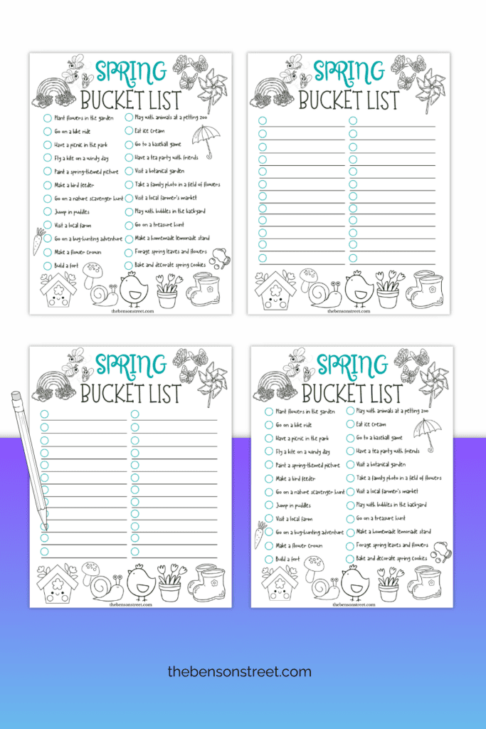 Two styles of spring bucket lists for kids to print and complete
