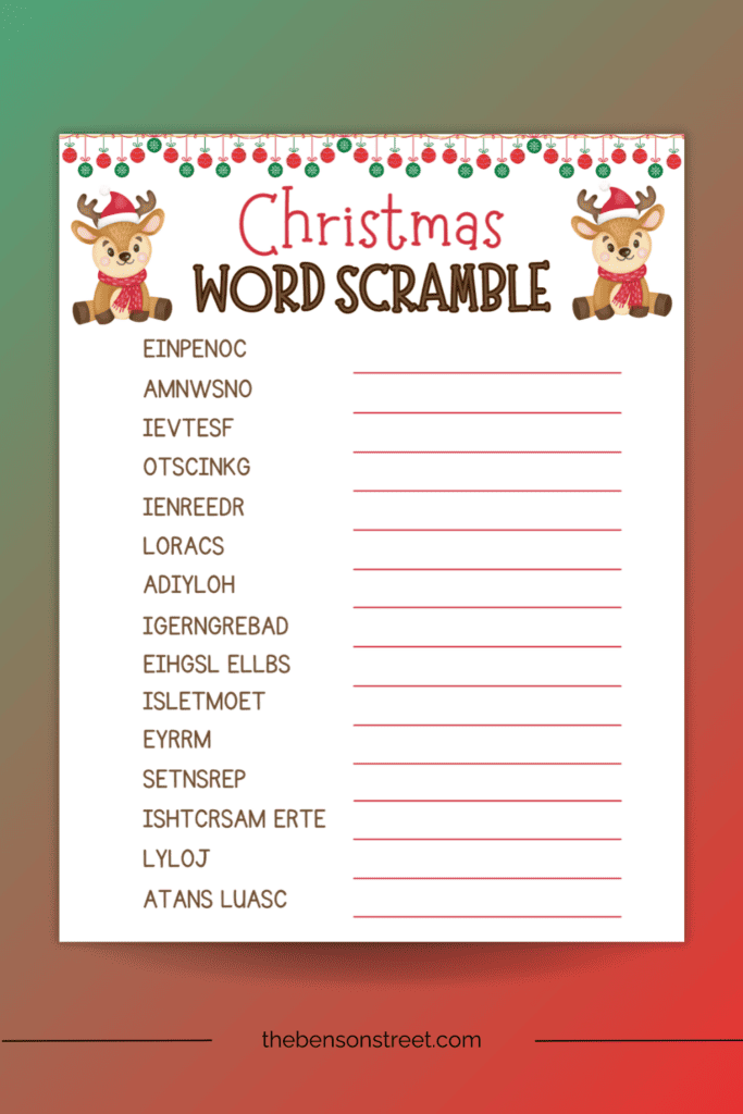 Unscramble the christmas themed words with this free printable Christmas word scramble for kids