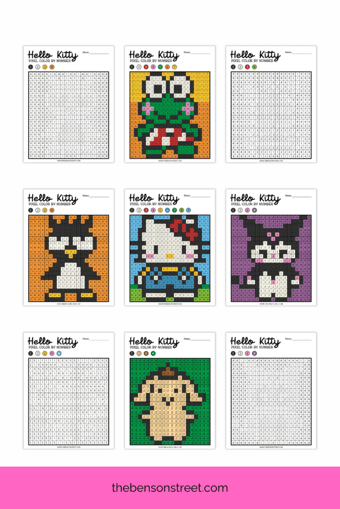 A bunch of Hello Kitty Sanrio Characters color by number pages laid out next to each other with some colored in and others ready to color in