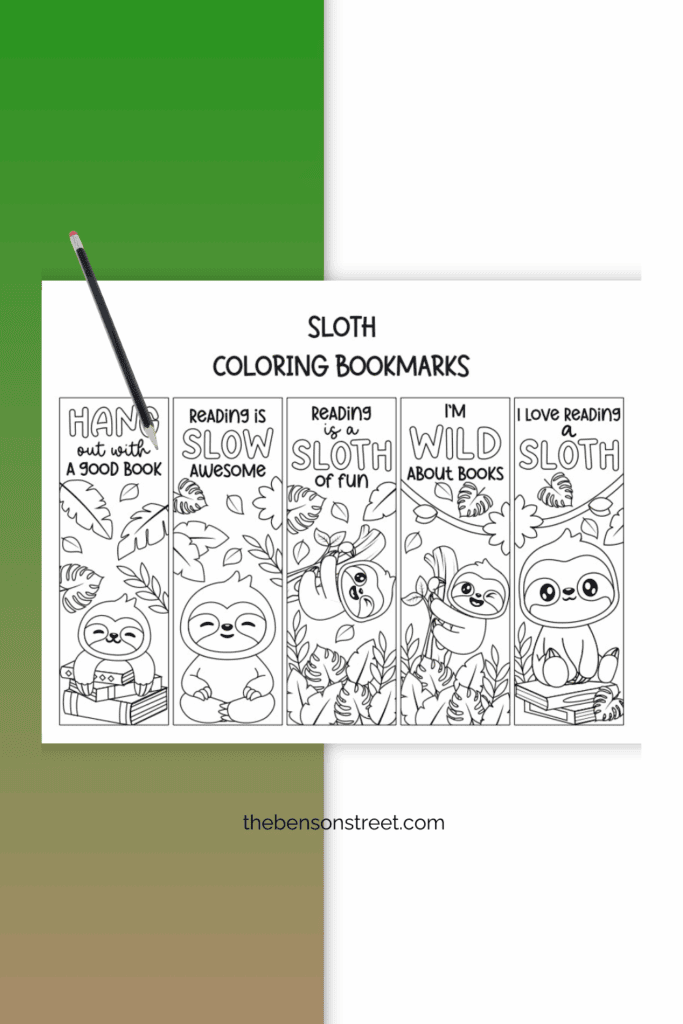 Adorable Sloth bookmarks printed out and ready to color with a pencil laying on top